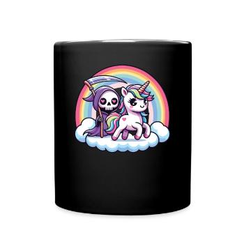Niedliches Sensenmann und Einhorn Regenbogen - Tasse einfarbig - Schwarz - Vorne