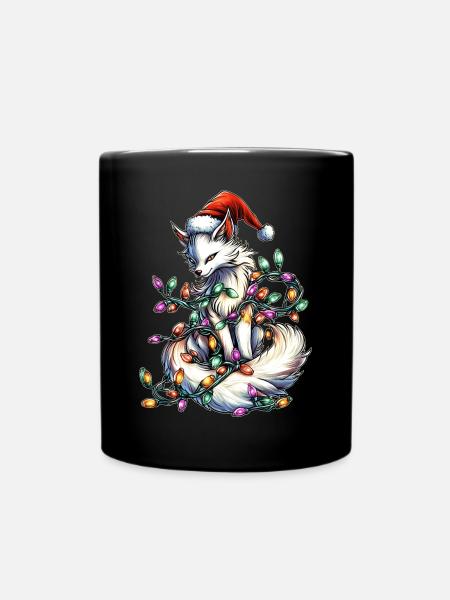 Weißer Kitsune Fuchs Weihnachtsmütze Xmas - Tasse einfarbig - Schwarz