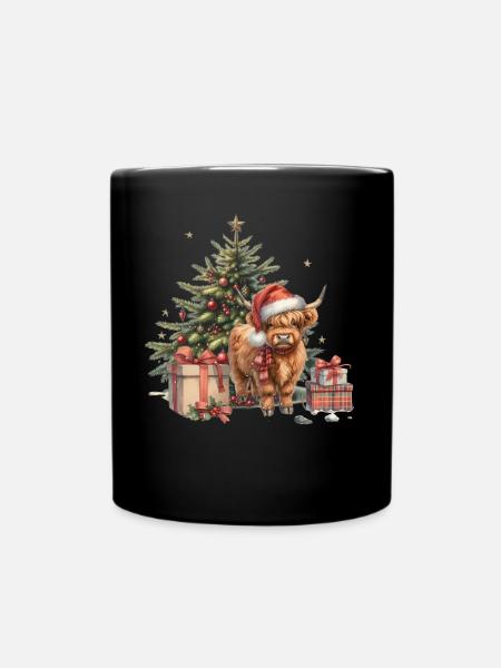 Weihnachtliches Highland-Kuh-Motiv mit - Tasse einfarbig - Schwarz