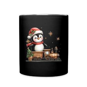 Merry Christmas penguin with steam locomotive - Full Colour Mug - black - Front