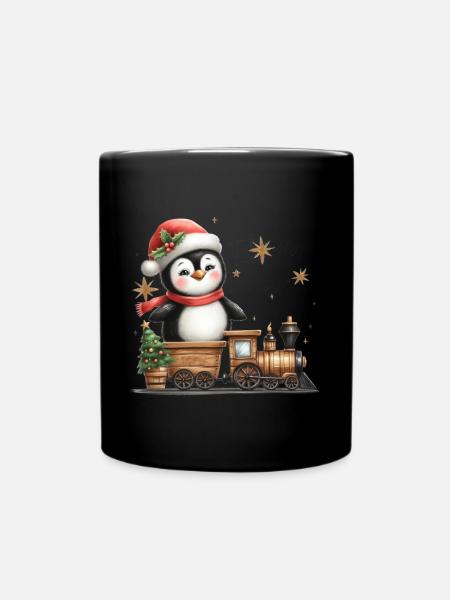 Fröhlicher Weihnachts-Pinguin Mit Dampflok - Tasse einfarbig - Schwarz