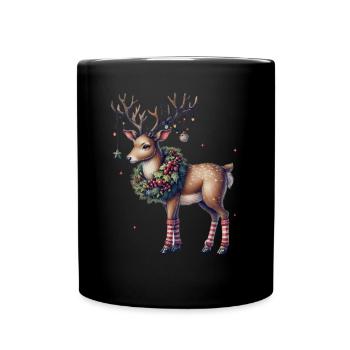 Christmas reindeer with festive wreath - Full Colour Mug - black - Front