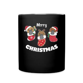 Süße Schnabeltiere in Weihnachtssocke zu - Tasse einfarbig - Schwarz - Vorne