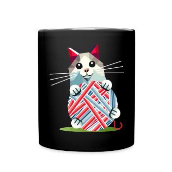 Chat jouant avec une pelote de laine – Motif géométrique - Mug uni - noir - Devant