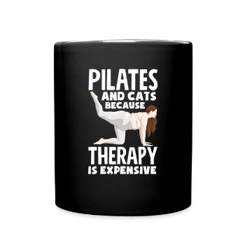 Pilates and cats because therapy is expensive - Full Colour Mug - black - Front