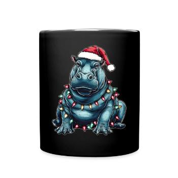 Hippo Hippopotamus Weihnachtsmütze Xmas - Tasse einfarbig - Schwarz - Vorne