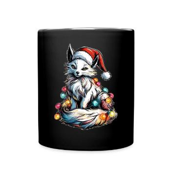 Weißer Kitsune Fuchs Weihnachtsmütze Xmas - Tasse einfarbig - Schwarz - Vorne