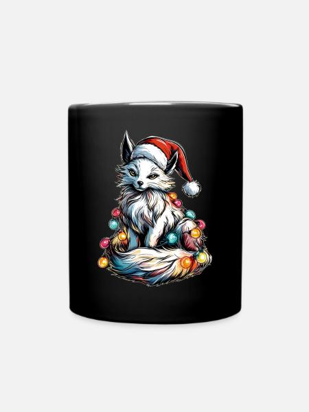 Weißer Kitsune Fuchs Weihnachtsmütze Xmas - Tasse einfarbig - Schwarz