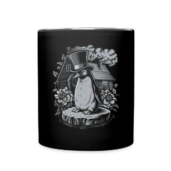Dunkle Cottagecore Pinguin mit Zylinder - Tasse einfarbig - Schwarz - Vorne