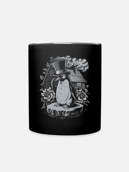 Dunkle Cottagecore Pinguin mit Zylinder - Tasse einfarbig - Schwarz