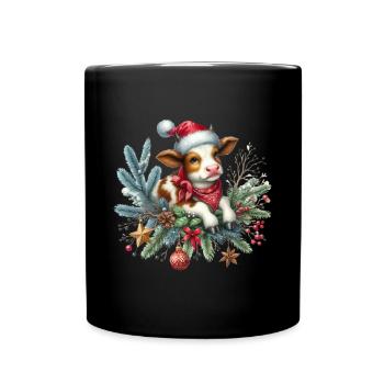 Niedliches Weihnachtskalb mit Festlichem Dekor - Tasse einfarbig - Schwarz - Vorne
