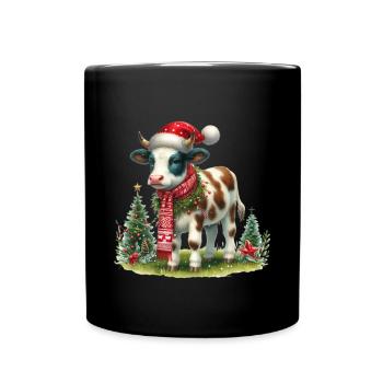 Weihnachtliche Kuh Mit Mütze Und Schal - Tasse einfarbig - Schwarz - Vorne