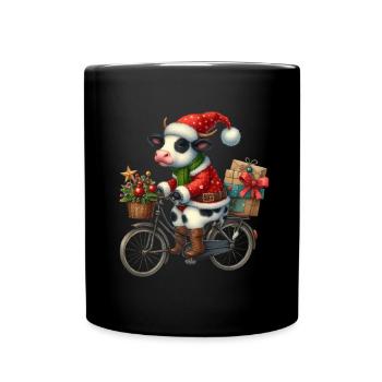 Vache de Noël à vélo avec des cadeaux - Mug uni - noir - Devant