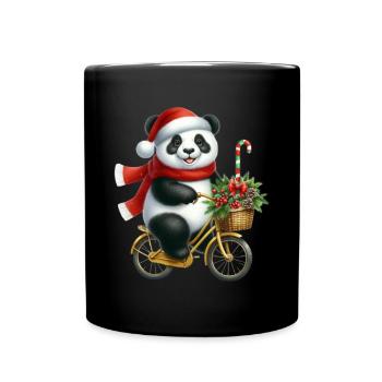 Weihnachtlicher Panda Auf Fahrrad Mit Schal Und - Tasse einfarbig - Schwarz - Vorne
