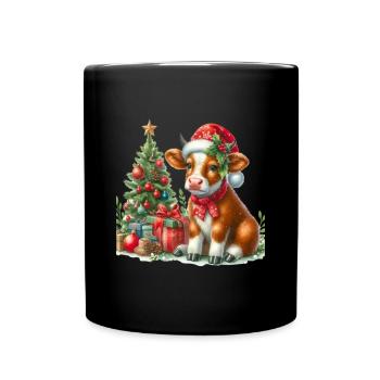 Weihnachtliches Kalb mit Weihnachtsbaum und - Tasse einfarbig - Schwarz - Vorne