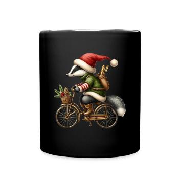 Fröhlicher Dachs Mit Weihnachtsmütze Auf Fahrrad - Tasse einfarbig - Schwarz - Vorne