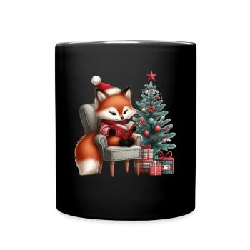 Weihnachtlicher Fuchs Mit Buch Am Weihnachtsbaum - Tasse einfarbig - Schwarz - Vorne