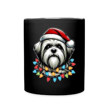 Lhasa Apso Hund Weihnachtsmütze Xmas - Tasse einfarbig - Schwarz - Vorne