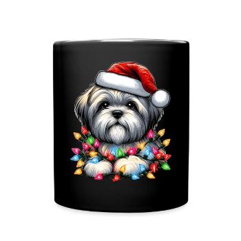 Lhasa Apso Hund Weihnachtsmütze Xmas - Tasse einfarbig - Schwarz - Vorne