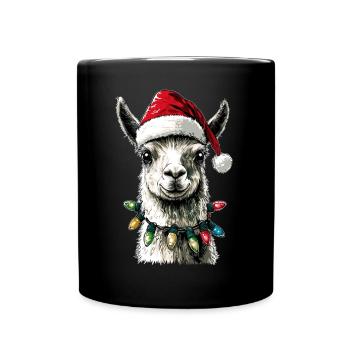 Lustige niedliche Lama Alpaka Weihnachtsmütze Weih - Tasse einfarbig - Schwarz - Vorne