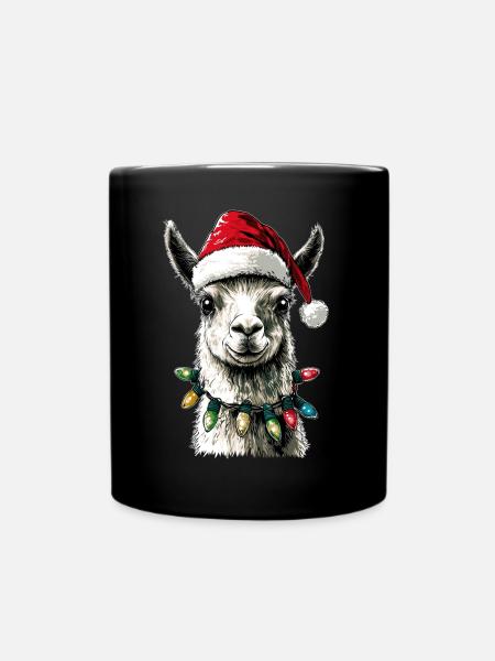 Lustige niedliche Lama Alpaka Weihnachtsmütze Weih - Tasse einfarbig - Schwarz