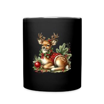 Weihnachtliches Rehkitz Mit Festlichem Kranz - Tasse einfarbig - Schwarz - Vorne
