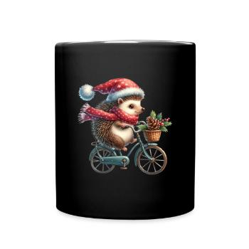 Cute hedgehog with santa hat on bicycle - Full Colour Mug - black - Front