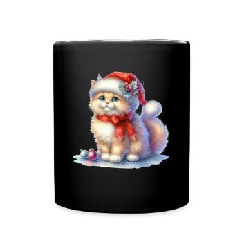 Niedliche Weihnachtskatze Mit Weihnachtsmütze - Tasse einfarbig - Schwarz - Vorne