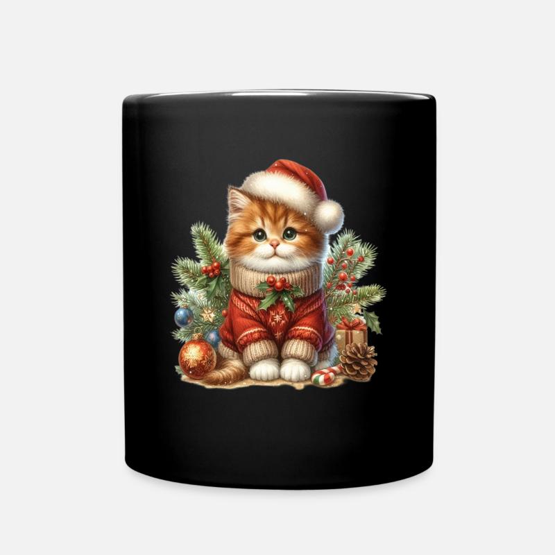 Weihnachtlicher Kater Mit Strickpullover Und Mütze - Tasse einfarbig - Schwarz