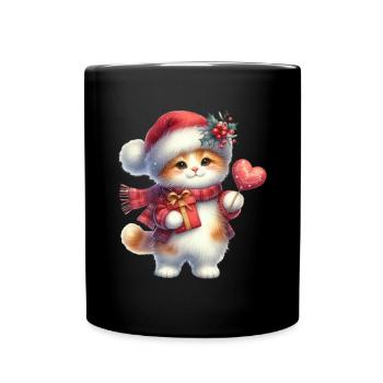 Niedliches Weihnachtskätzchen mit Geschenk - Tasse einfarbig - Schwarz - Vorne