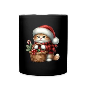 Christmas cat with basket and hat - Full Colour Mug - black - Front