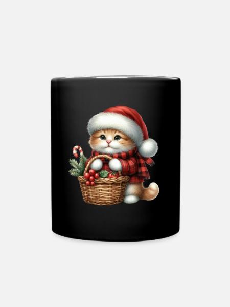 Weihnachtliche Katze Mit Korb Und Mütze - Tasse einfarbig - Schwarz