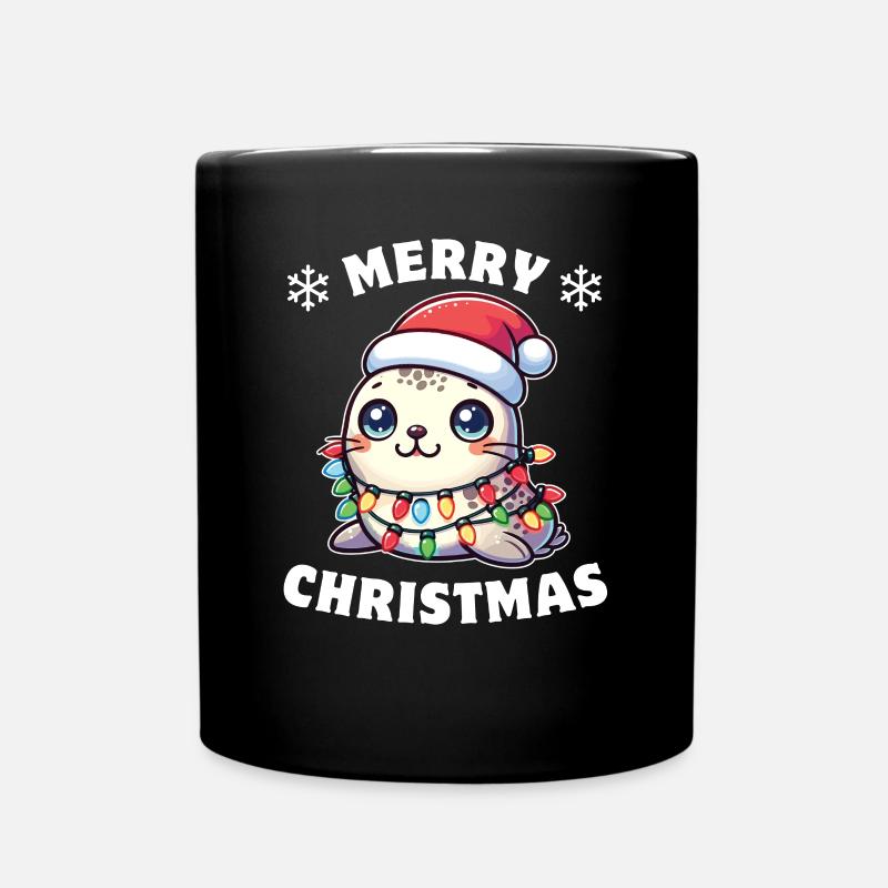Weihnachtsmütze Weihnachten Lichterkette Robbe - Tasse einfarbig - Schwarz