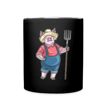 Schwein Landwirt Mistgabel Bauernhof - Tasse einfarbig - Schwarz - Vorne