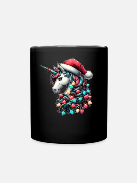 Unicorn Animal Santa Hat Xmas - Full Colour Mug - black