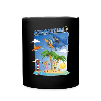 Sonne, Meer, Strand, Plane, Palmen, Insel - Tasse einfarbig - Schwarz - Vorne