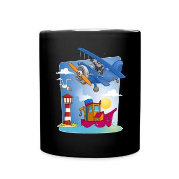 soleil, mer, avion, bateau phare et mouette - Mug uni - noir - Devant