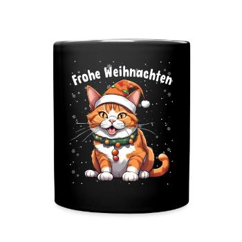 Frohe Weihnachten Lustige Katze Mit Mütze Und - Tasse einfarbig - Schwarz - Vorne