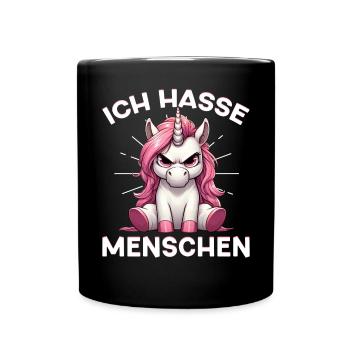 Ich Hasse Menschen Lustig Einhorn Stinkefinger - Tasse einfarbig - Schwarz - Vorne