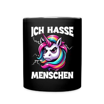 Ich Hasse Menschen Lustig Einhorn Stinkefinger - Tasse einfarbig - Schwarz - Vorne