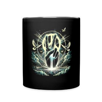 Leuchtendes Friedenszeichen - Peace Hand mit Taube - Tasse einfarbig - Schwarz - Vorne