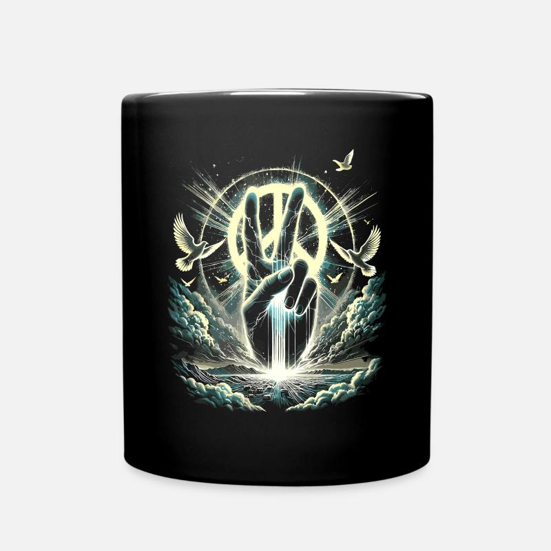 Leuchtendes Friedenszeichen - Peace Hand mit Taube - Tasse einfarbig - Schwarz