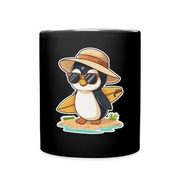 Sonniger Pinguin Surfer am Strand - Tasse einfarbig - Schwarz - Vorne