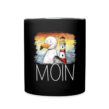 Moin Spruch Möwe Meer Leuchtturm Sonnenuntergang - Tasse einfarbig - Schwarz - Vorne