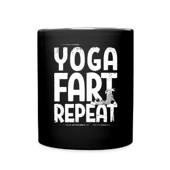 Yoga Fart Repeat Spruch mit furzendem Wolf - Tasse einfarbig - Schwarz - Vorne