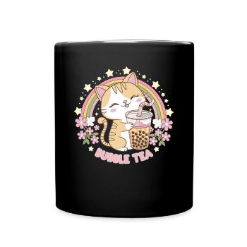 Cute Bubble Tea Rainbow Cat - Full Colour Mug - black - Front