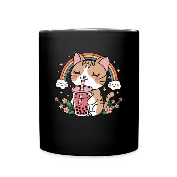 Cute Bubble Tea Rainbow Cat - Full Colour Mug - black - Front
