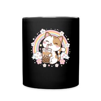 Cute Bubble Tea Rainbow Cat - Full Colour Mug - black - Front