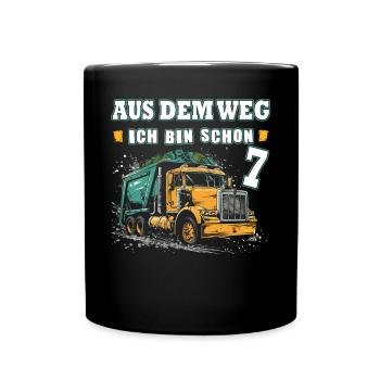 7. Geburtstag sieben Jahre Müllauto - Tasse einfarbig - Schwarz - Vorne