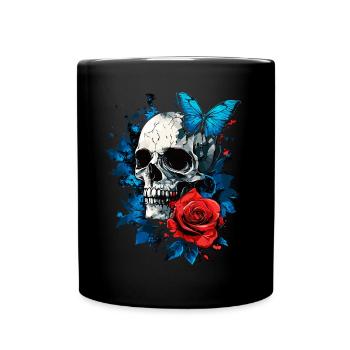 Totenkopf Totenschädel Schmetterling Rose Blume - Tasse einfarbig - Schwarz - Vorne